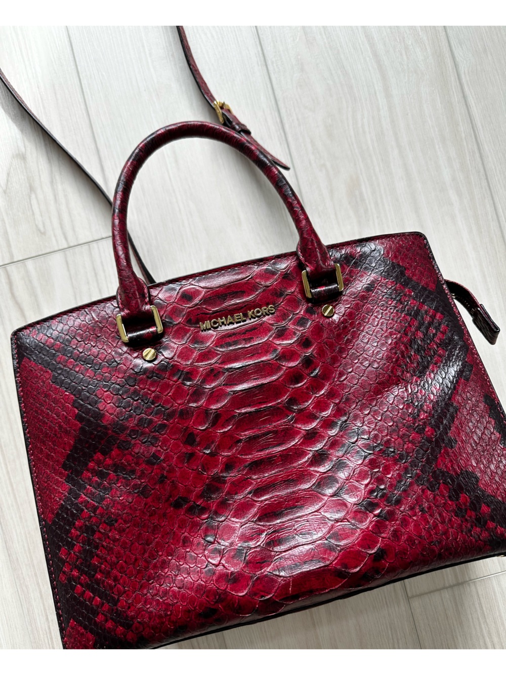 MICHAEL KORS Red and Black Python Cinnabar Anaconda Embossed Leather Selma Tote